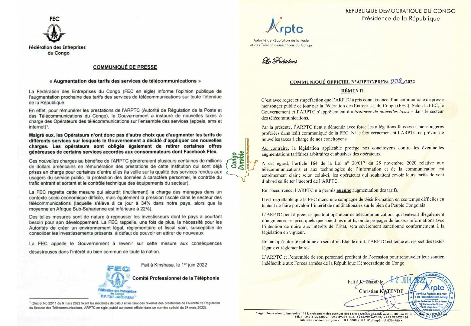 Coup sur coup entre la FEC et l'ARPTC sur l'augmentation des tarifs de télécoms en RDC